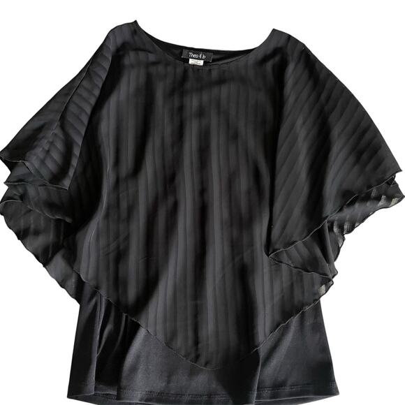 Black Layered Flowy Sheer Vertical Strip Cape Blouse Size M - Picture 1 of 5